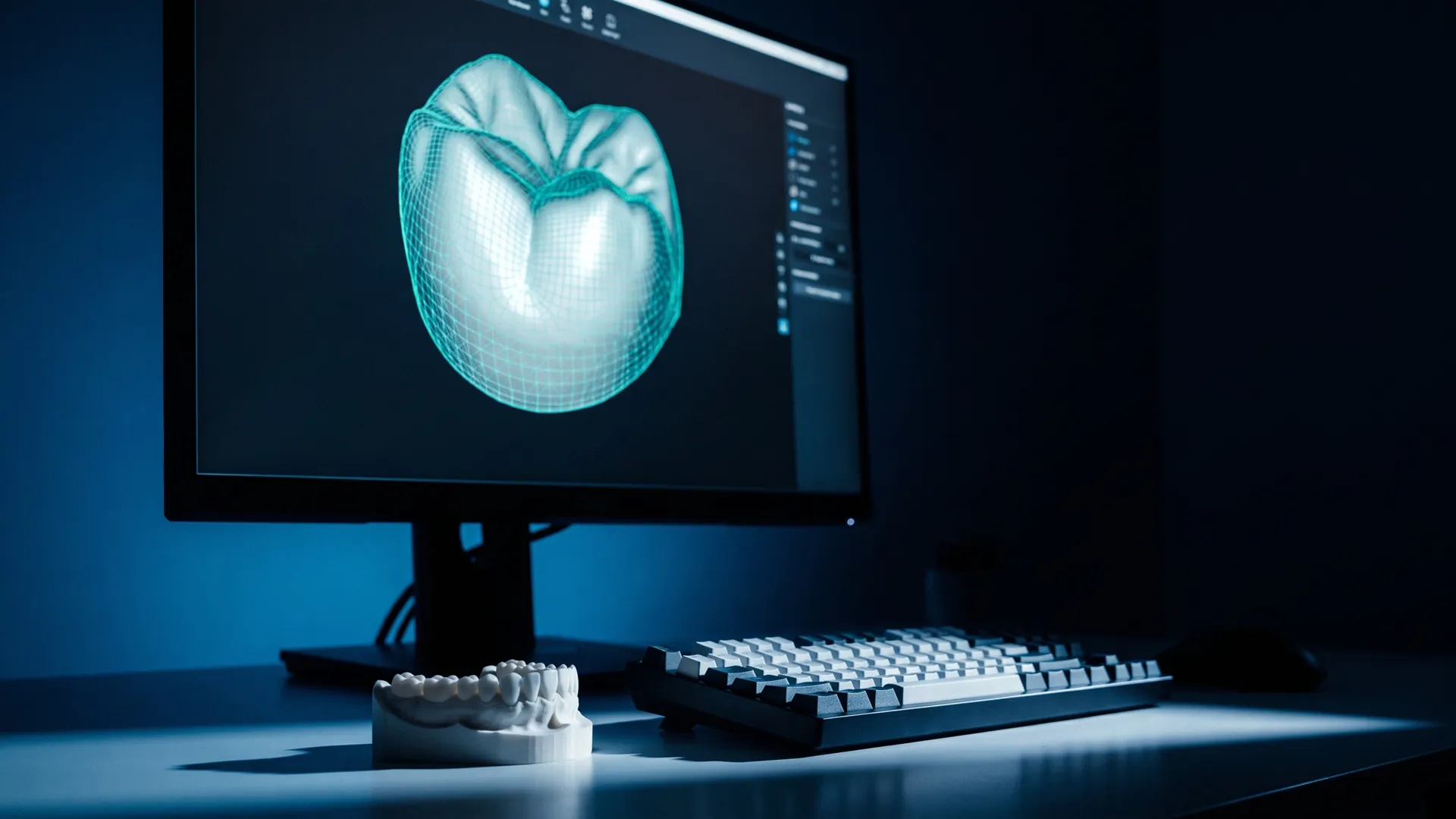 Dental CAD workstation with a 3D crown design on screen